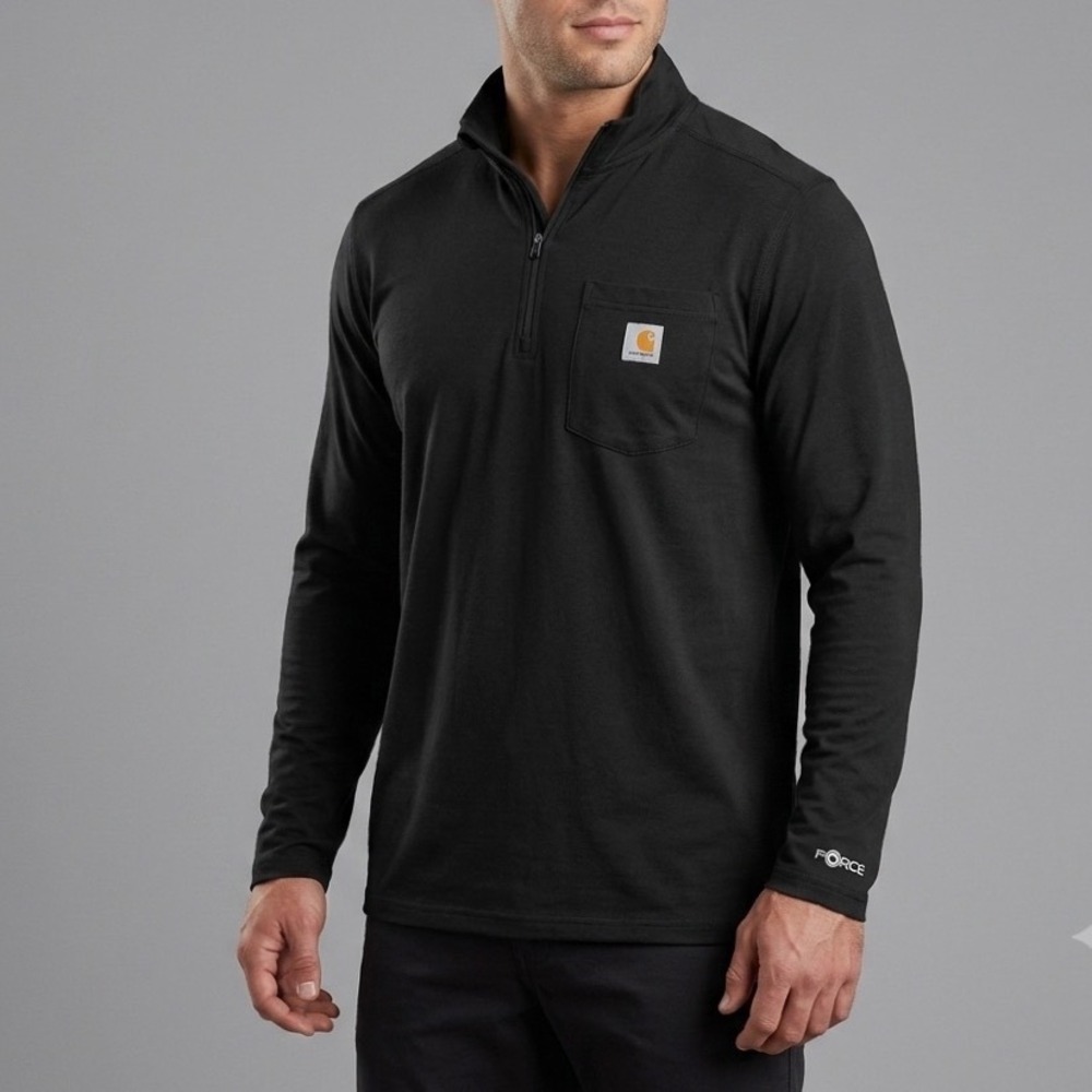 Carhartt Force Mens Med Black Relaxed Fit‎ Quarter Zip Long Sleeve Pocket Shirt